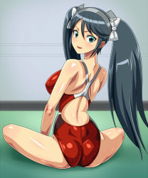 Rule 34 | 10s, 1girl, ass, black hair, competition swimsuit, from behind, green eyes, hairband, indian style, isuzu (kancolle), kantai collection, long hair, monteriakitto, one-piece swimsuit, sitting, solo, swimsuit, twintails