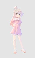Rule 34 | 1girl, ahoge, arms behind back, bare legs, bare shoulders, brown eyes, commentary, dress, frown, full body, grey background, gustavo schuler, hair between eyes, half updo, head tilt, highres, legs apart, light blush, long hair, looking at viewer, no socks, off-shoulder dress, off shoulder, onii-chan wa oshimai!, oyama mahiro, pink dress, pink hair, sandals, short sleeves, simple background, solo, standing