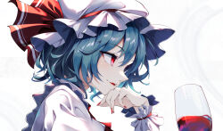 Rule 34 | 1girl, blue hair, commentary, cup, drinking glass, from side, hat, hat ribbon, highres, parted lips, red eyes, red nails, red ribbon, remilia scarlet, ribbon, short hair, solo, touhou, upper body, white background, white hat, wine glass, wrist cuffs, yamanakaume