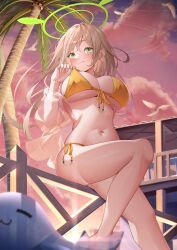 Rule 34 | 1girl, absurdres, bikini, blue archive, blush, breasts, cleavage, ekidona, front-tie bikini top, front-tie top, green eyes, green halo, halo, highres, large breasts, light brown hair, long hair, looking at viewer, navel, nonomi (blue archive), nonomi (swimsuit) (blue archive), official alternate costume, outdoors, side-tie bikini bottom, sideboob, smile, solo, stomach, swimsuit, thighs, underboob, yellow bikini