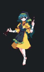 Rule 34 | 1girl, 4qw5, apron, barefoot, black background, black eyes, blue hair, closed mouth, dress, full body, green apron, green headwear, haniyasushin keiki, head scarf, highres, jewelry, long hair, looking at viewer, magatama, magatama necklace, necklace, pixel art, simple background, solo, touhou, white background, wood carving tool, yellow dress
