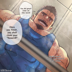 Rule 34 | 1boy, bara, barbell, black tank top, chest hair, english text, facial hair, foreshortening, from below, grin, hairy, highres, large pectorals, looking at viewer, looking down, male focus, mature male, medium sideburns, meme, muscular, muscular male, nipple slip, nipples, onionworkshop, original, paid reward available, pectoral cleavage, pectoral focus, pectorals, photo-referenced, pov, seductive smile, short hair, sideburns stubble, sidepec, smile, solo, steaming body, stubble, takao (onionworkshop), tank top, thick eyebrows, thick mustache, upper body, veiny pectorals, weightlifting spotter, yur oc like this (meme)