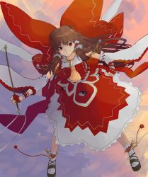 Rule 34 | 1girl, adapted costume, alternate costume, anklet, bow, brown eyes, brown hair, detached sleeves, embellished costume, female focus, fingerless gloves, flower, gloves, gohei, hair bow, hair flower, hair ornament, hair tubes, hakurei reimu, highres, japanese clothes, jewelry, large bow, long hair, miko, necklace, pinzu, sky, solo, touhou