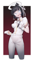 Rule 34 | 1girl, :d, angel, azazel (helltaker), belt, black hair, blue eyes, blunt bangs, breasts, collared shirt, commentary request, cropped legs, gloves, hair ribbon, halo, harau, helltaker, highres, holding, holding notebook, holding pen, impossible clothes, impossible shirt, looking at viewer, looking up, medium breasts, notebook, open mouth, pants, pen, ribbon, shaded face, shirt, short hair, short sleeves, smile, solo, teeth, upper teeth only, white gloves, white shirt