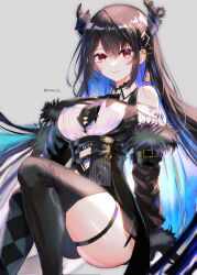 Rule 34 | 1girl, absurdres, asymmetrical horns, bare shoulders, black hair, blue hair, breasts, colored inner hair, demon horns, fur trim, hair ornament, highres, hololive, hololive english, horns, large breasts, long hair, looking at viewer, mole, mole under eye, multicolored hair, nerissa ravencroft, nerissa ravencroft (1st costume), red eyes, smile, solo, sowon, thigh strap, thighs, two-tone hair, uneven horns, virtual youtuber