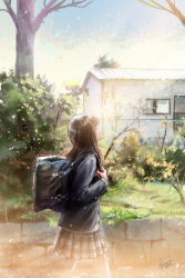 Rule 34 | 1girl, bag, black jacket, blazer, blue sky, brown hair, building, cardigan, closed mouth, commentary request, day, duffel bag, from side, highres, house, jacket, kazuharu kina, long hair, long sleeves, miniskirt, open clothes, open jacket, original, outdoors, plaid, plaid skirt, plant, pleated skirt, profile, school bag, school uniform, signature, skirt, sky, sleeves past wrists, solo, tree, walking