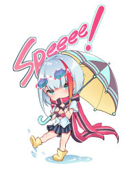 Rule 34 | 1girl, admiral graf spee (azur lane), azur lane, black skirt, black umbrella, blue-framed eyewear, blue umbrella, boots, breasts, character name, chibi, commentary request, covered mouth, eyebrows hidden by hair, eyewear on head, flower, gradient hair, green eyes, highres, holding, holding umbrella, looking at viewer, multicolored hair, orange hair, osisio, pleated skirt, puddle, red hair, red scarf, rubber boots, scarf, shirt, shoe soles, short sleeves, sidelocks, silver hair, simple background, skirt, small breasts, solo, standing, standing on one leg, streaked hair, striped clothes, striped skirt, sunflower, umbrella, vertical-striped clothes, vertical-striped skirt, water, white background, white shirt, yellow footwear