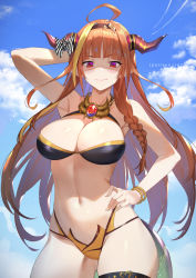 Rule 34 | 1girl, arm up, armpits, bikini, blue sky, bow, braid, breasts, brooch, cleavage, closed mouth, cloud, day, diagonal-striped bow, dragon girl, dragon horns, dragon tail, gluteal fold, hairband, hand on own hip, highres, hololive, horn bow, horn ornament, horns, jewelry, kiryu coco, large breasts, lips, long hair, looking at viewer, multicolored hair, orange bikini, orange hair, outdoors, pointy ears, raijuu (bakanara), red eyes, revision, shaded face, single braid, sky, smile, solo, standing, striped, striped bow, swimsuit, tail, very long hair, virtual youtuber