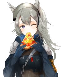 Rule 34 | 1girl, absurdres, animal ears, arknights, blue gloves, breasts, brown shirt, eating, food, gloves, grani (arknights), grey hair, gupipy, hair between eyes, highres, holding, holding food, horse ears, horse girl, long hair, looking at viewer, one eye closed, pizza, purple eyes, shirt, simple background, small breasts, solo, upper body, visor (armor), visor lift, white background