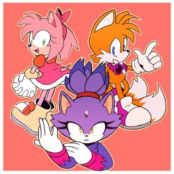 Rule 34 | 1boy, 2girls, alternate costume, amy rose, animal ears, animal nose, blaze the cat, blue eyes, blush, body fur, boots, border, bow, cat ears, cat girl, clothing cutout, coat, dress, eyewear around neck, forehead jewel, fox boy, fox ears, fox tail, from behind, full body, furry, furry female, furry male, gem, gloves, goggles, green eyes, hair bow, hair tie, hairband, hand up, hands up, happy, highres, holding own arm, interlocked fingers, light blush, long sleeves, looking at viewer, looking back, multicolored hair, multiple girls, multiple tails, open mouth, orange fur, outline, own hands together, parted lips, pink-framed eyewear, pink dress, pink fur, pink hair, puffy short sleeves, puffy sleeves, purple coat, purple hair, red background, red bow, red gemstone, red hairband, red shirt, shirt, short dress, short hair, short sleeves, sidelocks, sideways mouth, simple background, sleeveless, sleeveless dress, smile, sonic (series), standing, stellarspin, straight-on, tail, tail through clothes, tails (sonic), topknot, two-tone fur, two-tone hair, two tails, upper body, white border, white footwear, white fur, white gloves, yellow footwear, yellow outline