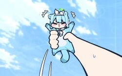 Rule 34 | 1girl, animal costume, arms up, arona (blue archive), blue archive, bow, bowtie, chipmunk ears, chipmunk tail, closed eyes, cloud, cloudy sky, commentary, green halo, hairband, halo, highres, legs apart, mini person, minigirl, open mouth, piki (itpiki), sailor collar, sky, symbol-only commentary, v-shaped eyebrows, white bow, white bowtie, white hairband, white sailor collar