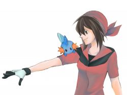 Rule 34 | 00s, 1girl, :|, bandana, black eyes, black hair, brown hair, closed mouth, creatures (company), game freak, gen 3 pokemon, gloves, may (pokemon), mizugorou, mudkip, nintendo, outstretched arm, outstretched hand, pokemon, pokemon (creature), pokemon rse, reaching, short hair, simple background, smile, taoru (t kiji), white background