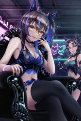 Rule 34 | 2girls, absurdres, animal ears, aqua eyes, bandeau, bare shoulders, belt, black bandeau, black choker, black gloves, black shorts, black skirt, black thighhighs, blue hair, blue nails, blush, bracelet, breasts, brown belt, brown hair, chair, choker, cleavage, collarbone, commentary request, crossed legs, cup, daitaku helios (devil in the moonlight) (umamusume), daitaku helios (umamusume), demon horns, demon wings, ear covers, ear ornament, elbow gloves, facial mark, fake wings, fangs, fangs out, frilled skirt, frills, fur armlet, gloves, groin, hair between eyes, hair ornament, halloween costume, hand up, highres, holding, holding cup, horns, horse ears, horse girl, indoors, jewelry, large breasts, long hair, looking at viewer, low wings, medium breasts, mejiro palmer (devil in the moonlight) (umamusume), mejiro palmer (umamusume), midriff, mu-to, multicolored hair, multicolored nails, multiple girls, nail polish, navel, official alternate costume, open mouth, ponytail, purple nails, shorts, sidelocks, single elbow glove, sitting, skirt, smile, standing, star (symbol), star choker, streaked hair, thighhighs, tongue, tongue out, two-tone hair, umamusume, underbust, white hair, wings, yellow eyes, zettai ryouiki