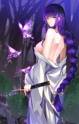 Rule 34 | 1girl, absurdres, bare back, bare shoulders, blunt bangs, breasts, commentary request, cowboy shot, crystalfly (genshin impact), excella (delltothu), genshin impact, highres, holding, holding sword, holding weapon, japanese clothes, katana, kimono, large breasts, long braid, long hair, purple eyes, purple hair, raiden shogun, solo, standing, sword, very long hair, weapon, white kimono