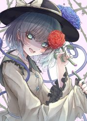 Rule 34 | black hat, blouse, blue flower, blue rose, bow, breasts, collared shirt, crystal, eyes visible through hair, flower, frills, gradient hair, green eyes, green hair, green skirt, grey hair, hair between eyes, hands up, hat, hat bow, hegata (hegatia lapis), highres, jewelry, komeiji koishi, long sleeves, looking at viewer, medium breasts, multicolored hair, open mouth, pink background, red flower, red rose, rose, shaded face, shirt, short hair, skirt, smile, solo, teeth, third eye, tongue, touhou, white background, wide sleeves, yellow bow, yellow shirt