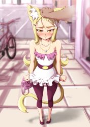 Rule 34 | 1girl, 3:, animal ear fluff, animal ears, bag, bare arms, bare shoulders, belt, bicycle, black leggings, blonde hair, blush, cat ears, cat girl, cat tail, clenched hands, collarbone, commentary, day, disembodied hand, dress, english commentary, flipped hair, flower, full body, hair flower, hair ornament, hairclip, headpat, jewelry, leggings, long hair, looking away, mazume, necklace, original, outdoors, road, solo focus, standing, strapless, strapless dress, street, tail, tears, very long hair, white dress, yellow eyes