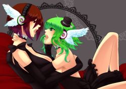 Rule 34 | 2girls, bad id, bad pixiv id, brown eyes, brown hair, detached sleeves, dress, elbow gloves, face-to-face, fingerless gloves, gloves, green eyes, green hair, gumi, headphones, headset, magnet (vocaloid), meiko (vocaloid), multiple girls, nez-doll, open mouth, short hair, vocaloid, wings, yuri
