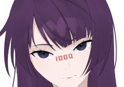 Rule 34 | 1girl, arril100, bakemonogatari, blue eyes, close-up, closed mouth, commentary request, eyelashes, highres, long hair, looking at viewer, monogatari (series), portrait, purple hair, senjougahara hitagi, simple background, solo, white background