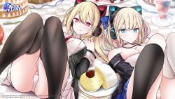 Rule 34 | animal ear headphones, animal ears, asymmetrical legwear, azur lane, bell, black socks, blonde hair, blue eyes, blue skirt, blush, breasts, bursting breasts, cake, cat ear headphones, character request, choker, commentary request, concord (azur lane), copyright name, copyright notice, cream, cream on face, english text, fake animal ears, feet out of frame, fine fabric emphasis, food, food on face, from above, fruit, hands up, headphones, heart, heart-shaped pupils, highres, kneehighs, large breasts, legs, legs together, licking lips, long sleeves, looking at viewer, lying, mismatched legwear, mixed-language commentary, mole, mole under eye, neck bell, necktie, official art, on back, oouso, panties, pantyshot, parfait, pink eyes, pink panties, plate, pleated skirt, popped button, richmond (azur lane), shiny clothes, shiny skin, skirt, socks, star-shaped pupils, star (symbol), strapless, strawberry, striped clothes, striped panties, swept bangs, symbol-shaped pupils, thighhighs, thighs, tongue, tongue out, underwear, white legwear, white panties, white skirt
