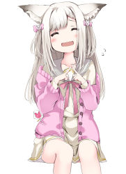 Rule 34 | 1girl, nanashi inc., :d, ^ ^, animal ear fluff, animal ears, animare, blush, bow, braid, braided bangs, brown shirt, brown skirt, candy, cardigan, closed eyes, facing viewer, fang, feet out of frame, fingers together, flying sweatdrops, food, grey hair, grey sailor collar, hair bow, highres, lollipop, long hair, long sleeves, off shoulder, open cardigan, open clothes, open mouth, pink bow, pink cardigan, pleated skirt, sailor collar, sch, school uniform, serafuku, shiromiya mimi, shirt, simple background, skirt, smile, solo, two side up, virtual youtuber, white background