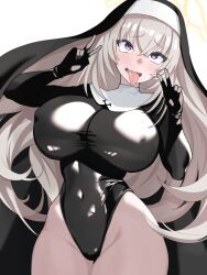 Rule 34 | 1girl, ahegao, black headwear, blue archive, breasts, covered erect nipples, covered navel, double v, elbow gloves, gloves, grey hair, habit, halo, highleg, highleg leotard, huge breasts, justina follower (blue archive), leotard, long hair, nun, purple eyes, rolling eyes, sakurako (blue archive), shigatsu shizuki, simple background, solo, tongue, tongue out, v, very long hair, white background