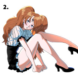 Rule 34 | 1girl, alternate costume, bare legs, black dress, black footwear, blue eyes, breasts, brown hair, charlotte pudding, commentary, dress, earrings, english commentary, frills, high heels, interlocked fingers, jewelry, lips, long hair, looking to the side, medium breasts, one piece, own hands together, puffy short sleeves, puffy sleeves, rita ya, short sleeves, simple background, sitting, solo, striped clothes, thighs, third eye, twintails, two-tone dress, white background, white dress