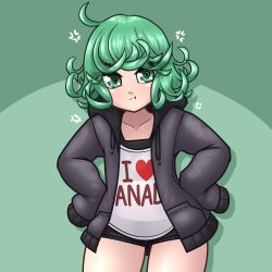 Rule 34 | 1girl, ahoge, anger vein, black jacket, commentary, english commentary, green eyes, green hair, highres, jacket, limebreaker, one-punch man, pout, short shorts, shorts, sleeves past fingers, sleeves past wrists, solo, tatsumaki