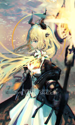 Rule 34 | 1girl, absurdres, arknights, black gloves, black jacket, blonde hair, blue eyes, blurry, character name, chinese commentary, closed mouth, commentary, commentary request, depth of field, dress, english commentary, floating hair, flower, gloves, highres, holding, holding staff, horns, jacket, lemtun, light particles, long hair, long sleeves, mixed-language commentary, off shoulder, pinafore dress, reed (arknights), reed the flame shadow (arknights), sidelocks, sleeveless, sleeveless dress, solo, staff, white dress, white flower