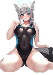 Rule 34 | 1girl, :o, absurdres, animal ears, bare arms, bare shoulders, black bag, black one-piece swimsuit, blue archive, blue eyes, blush, breasts, collarbone, covered navel, cross hair ornament, grey hair, hair ornament, halo, hand up, highleg, highleg swimsuit, highres, long hair, looking at viewer, medium breasts, one-piece swimsuit, open mouth, shiroko (blue archive), shiroko (swimsuit) (blue archive), simple background, sitting, solo, swimsuit, thighs, wariza, white background, yamanokami eaka