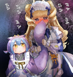 2girls absurdres apron blonde_hair blue_hair blue_kimono blush breasts dragon_girl dragon_horns dragon_tail dress duel_monster female_pervert frills hatano_kiyoshi highres holding horns japanese_clothes juliet_sleeves kimono lace-trimmed_apron lace_trim lattice_dragonmaid laundry_dragonmaid long_hair long_sleeves maid maid_apron maid_headdress multiple_girls pervert puffy_sleeves purple_eyes smelling sweat tail wa_maid yellow_eyes yu-gi-oh! yuri