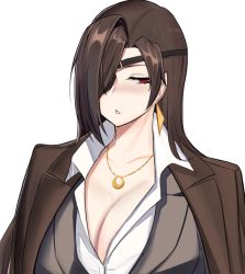 Rule 34 | 1girl, breasts, brown hair, cleavage, collarbone, collared shirt, counter:side, earrings, eyepatch, hair over one eye, half-closed eyes, jewelry, korean commentary, large breasts, lee sooyeon, long hair, necklace, on shoulder, open clothes, open shirt, parted bangs, parted lips, red eyes, rinsutachio, shirt, simple background, solo, upper body, white background, white shirt