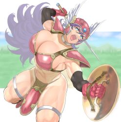 Rule 34 | 1girl, abs, anagumasan, aqua eyes, armor, bikini armor, breasts, cleavage, cowboy shot, dragon quest, dragon quest iii, gloves, helmet, highres, holding, holding shield, holding sword, holding weapon, huge breasts, long hair, looking at viewer, muscular, muscular arms, muscular female, open mouth, purple hair, red armor, red gloves, shadow, shield, soldier (dq3), solo, square enix, sword, very long hair, weapon, winged helmet