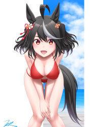 Rule 34 | 1girl, ahoge, alternate costume, animal ears, artist name, bikini, black hair, blue sky, blush, border, breasts, cleavage, cloud, cloudy sky, commentary request, ear ornament, hair between eyes, hair ornament, highres, horse ears, horse girl, horse tail, kitasan black (umamusume), large breasts, leaning forward, medium hair, navel, ocean, open mouth, red bikini, red eyes, sand, signature, sky, smile, solo, swimsuit, t2r, tail, two side up, umamusume, water, white border