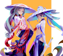 Rule 34 | 2girls, aqua eyes, arm at side, closed mouth, daeraeband, fate/grand order, fate (series), floating, grey hair, hand up, hat, highres, long hair, looking at viewer, multiple girls, shirt, sideways glance, trung nhi (fate), trung trac (fate), vietnamese dress, white shirt