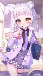 Rule 34 | 1girl, :3, absurdres, ahoge, animal ears, bag, bag charm, black shirt, blush, braid, brown eyes, cardigan, cat ears, cat girl, cat tail, charm (object), closed mouth, collared shirt, commentary request, cup, disposable cup, drinking straw, grey hair, grey skirt, hair ornament, hair over shoulder, highres, holding, holding cup, hololive, long hair, long sleeves, looking at viewer, masaki (msk064), murasaki shion, necktie, open cardigan, open clothes, plaid, plaid skirt, pleated skirt, puffy long sleeves, puffy sleeves, purple cardigan, purple necktie, school bag, school uniform, shirt, single braid, skindentation, skirt, sleeves past wrists, smile, solo, star (symbol), star hair ornament, tail, thigh strap, thighhighs, virtual youtuber, white thighhighs