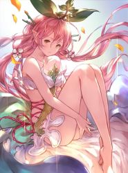 Rule 34 | 1girl, bare legs, bare shoulders, barefoot, breasts, brown eyes, cleavage, closed mouth, collarbone, dress, feet, granblue fantasy, hair between eyes, hair ornament, large breasts, leaf, long hair, looking at viewer, low twintails, monster girl, non-web source, official art, petals, pink hair, plant girl, pointy ears, sitting, sleeveless, solo, source request, strapless, strapless dress, twintails, yggdrasil (granblue fantasy)