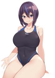 Rule 34 | arm up, black one-piece swimsuit, blue hair, breasts, breath, commentary, commentary request, competition swimsuit, covered navel, crossed bangs, english text, heart, heart-shaped pupils, heavy breathing, kuavera, large breasts, miyako (kuavera), mole, mole under mouth, multicolored hair, one-piece swimsuit, original, purple hair, short hair, simple background, sitting, smile, solo, streaked hair, swimsuit, symbol-shaped pupils, thighs, white background