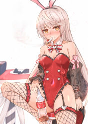 Rule 34 | 1girl, absurdres, animal ears, bare shoulders, black footwear, blush, bottle, bow, bowtie, breasts, chair, cigarette, cigarette holder, cleavage, coca-cola, cola, collarbone, counter:side, covered navel, fake animal ears, feet out of frame, fishnet thighhighs, fishnets, garter straps, highres, hilde (counter:side), holding, holding bottle, holding shoes, leotard, long hair, looking at viewer, medium breasts, mouth hold, muteppona hito, official alternate costume, playboy bunny, rabbit ears, red leotard, shoes, silver hair, single shoe, sitting, solo, table, thighhighs, white background, yellow eyes