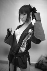Rule 34 | aihara makoto, bow, bra, cosplay, gloves, hair bow, highres, kabi, lingerie, monochrome, open gi, panties, photo (medium), rumble roses, striped, the black belt demon, underwear