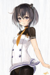 Rule 34 | 1girl, alternate costume, artist name, black hair, buttons, cosplay, eyebrows, gradient hair, kantai collection, light smile, looking at viewer, multicolored hair, murakumo (kancolle), murakumo (kancolle) (cosplay), purple eyes, short hair with long locks, simple background, solo, tokitsukaze (kancolle), white background, yanagi wakana