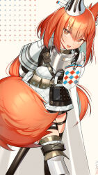 Rule 34 | 1girl, absurdres, animal ears, arknights, armor, arms behind back, bright pupils, brown eyes, ear covers, earpiece, feet out of frame, flametail (arknights), gorget, greaves, highres, long hair, looking at viewer, open mouth, red hair, shirt, signal 1120, simple background, single ear cover, solo, squirrel ears, squirrel girl, squirrel tail, tail, teeth, thighhighs, upper teeth only, white background, white pupils, white shirt