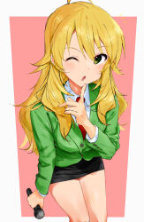 Rule 34 | 1girl, absurdres, ahoge, black skirt, blonde hair, blush, commentary request, dress shirt, eyelashes, finger to own chin, green eyes, green jacket, hair between eyes, hand up, highres, holding, holding microphone, hoshii miki, idolmaster, idolmaster (classic), index finger raised, jacket, long hair, long sleeves, looking at viewer, microphone, miniskirt, necktie, official alternate costume, one eye closed, open mouth, pencil skirt, pink background, red necktie, shirt, sidelocks, simple background, skirt, solo, uniform, very long hair, wavy hair, white shirt, zenoo