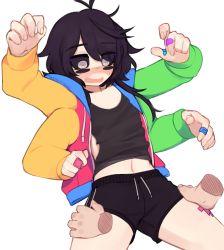 Rule 34 | 1girl, artist name, bandaid, bandaid on hand, black eyes, black sclera, black shorts, black tank top, blush, colored sclera, commentary, disembodied limb, drawstring, embarrassed, english commentary, extra arms, eyes visible through hair, flat chest, hands on another&#039;s thighs, jacket, long sleeves, midriff, multicolored clothes, multicolored jacket, navel, open clothes, open jacket, open mouth, original, short shorts, shorts, simple background, solo focus, tank top, virtual youtuber, white background, white eyes, yoako