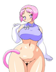 Rule 34 | 1girl, bare shoulders, blush, bottomless, breasts, chinese clothes, cleft of venus, crop top, curvy, elbow gloves, gloves, hip focus, large breasts, maruke, non-web source, pink hair, plump, purple eyes, pussy, short hair, simple background, sleeveless, solo, tail, uncensored, white background, wide hips