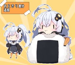 Rule 34 | 1girl, :t, antenna hair, black jacket, breasts, chibi, closed mouth, collared shirt, commentary request, dress, eating, food, grey dress, hair ornament, headset, jacket, kizuna akari, large breasts, long hair, long sleeves, milkpanda, multiple views, onigiri, open clothes, open jacket, orange pantyhose, outline, pantyhose, ponytail, puffy cheeks, puffy long sleeves, puffy sleeves, shirt, silver hair, sleeves past wrists, star (symbol), striped clothes, striped legwear, striped pantyhose, sunburst, sunburst background, translation request, vertical-striped clothes, vertical-striped pantyhose, very long hair, voiceroid, wavy mouth, white outline, white shirt, yellow background