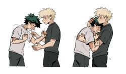Rule 34 | 2boys, bakugou katsuki, blonde hair, boku no hero academia, closed eyes, closed mouth, commentary, crying, daniartonline, english commentary, green hair, grey shirt, hand on another&#039;s arm, hand on another&#039;s back, hand on another&#039;s chest, hand on another&#039;s head, hand on own chest, highres, hug, looking at another, male focus, midoriya izuku, multiple boys, open mouth, pants, sad, scar, scar on hand, shirt, short hair, short sleeves, simple background, spiked hair, standing, t-shirt, tears, white background
