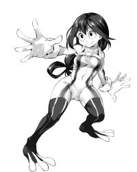 Rule 34 | 1girl, asui tsuyu, bodysuit, boku no hero academia, boots, cameltoe, female focus, frog girl, full body, funnyari, gloves, greyscale, legs apart, long hair, monochrome, smile, solo, standing, thigh boots, thighhighs