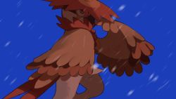 Rule 34 | beak, bird tail, blue background, body fur, brown eyes, brown fur, closed mouth, creatures (company), from side, furry, game freak, hand up, highres, hisuian decidueye, nintendo, pokemon, pokemon (creature), red headwear, simple background, snowing, solo, tail, v (govvvvw), white fur, wings