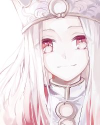 Rule 34 | 1girl, crown, fate/stay night, fate/zero, fate (series), female focus, highres, irisviel von einzbern, long hair, looking at viewer, pale color, red eyes, smile, solo, white background, white hair, wowishi