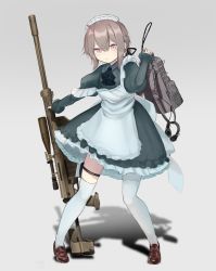 Rule 34 | 1girl, alternate costume, anti-materiel rifle, apron, backpack, bad id, bad twitter id, bag, blue dress, blue neckwear, bolt action, brown hair, cheytac m200, collared dress, commentary request, dress, enmaided, frilled apron, frilled skirt, frills, full body, girls&#039; frontline, gradient background, gun, hair ribbon, headset, highres, holding, holding gun, holding weapon, holster, m200 (girls&#039; frontline), maid, maid headdress, mary janes, no gloves, off shoulder, oxyuno0718, pink eyes, ribbon, rifle, scope, shadow, shoes, sidelocks, skirt, sniper rifle, solo, sweatdrop, thigh holster, thighhighs, weapon, white thighhighs